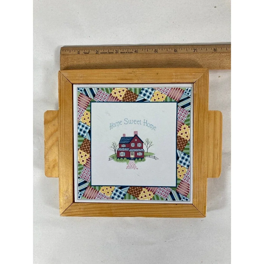 Vtg Home Sweet Home Tile Trivet Wood Casing Patch Work Quilt Design Cottagecore